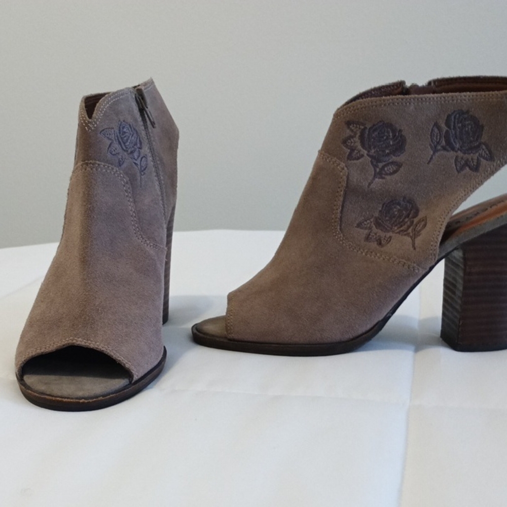 Lucky Brand Suede Peep-Toe Heeled Booties - Taupe